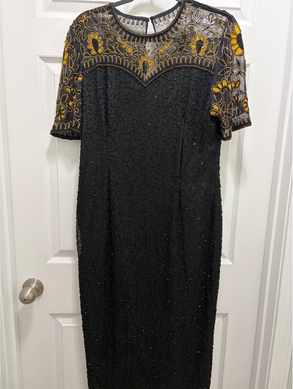 Elegant Black and Gold Embroidered Silk Dress Size L